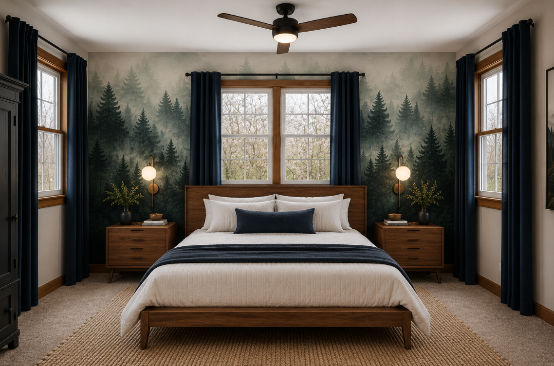 {Bedroom 3} With a serene forest-inspired accent wall, cozy bedding, and large windows that welcome natural light, this bedroom is designed for peaceful mountain mornings.