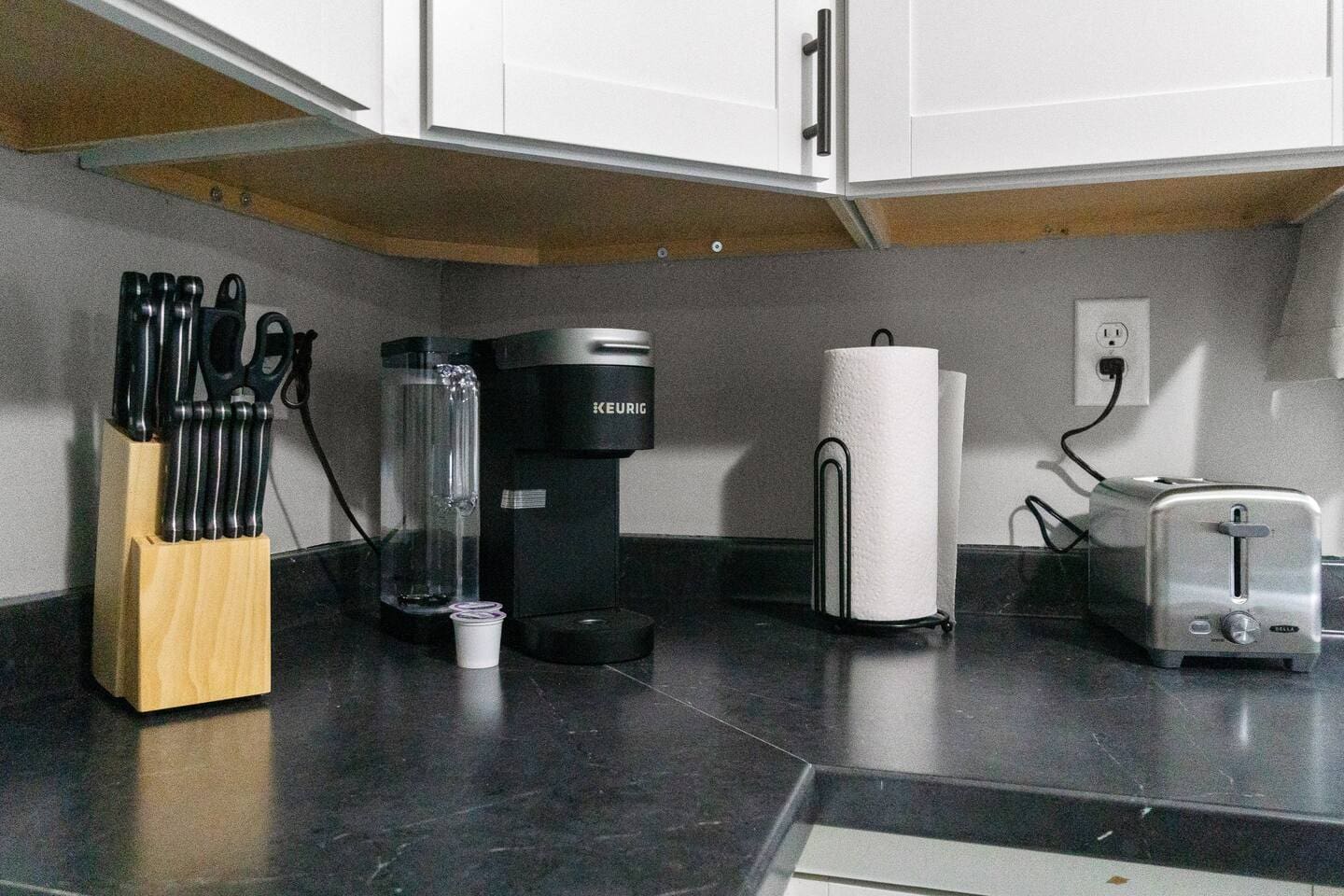 Knife set, Toaster, and Keurig.