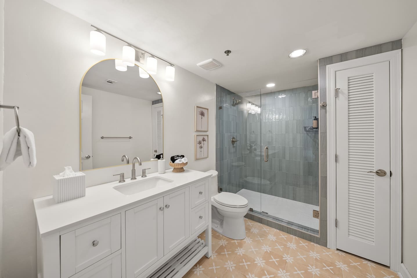 Brand new, fully remodeled primary suite with stunning tile floor and shower.  Terra Pure Spa Collection Shampoo, conditioner, and body wash provided.