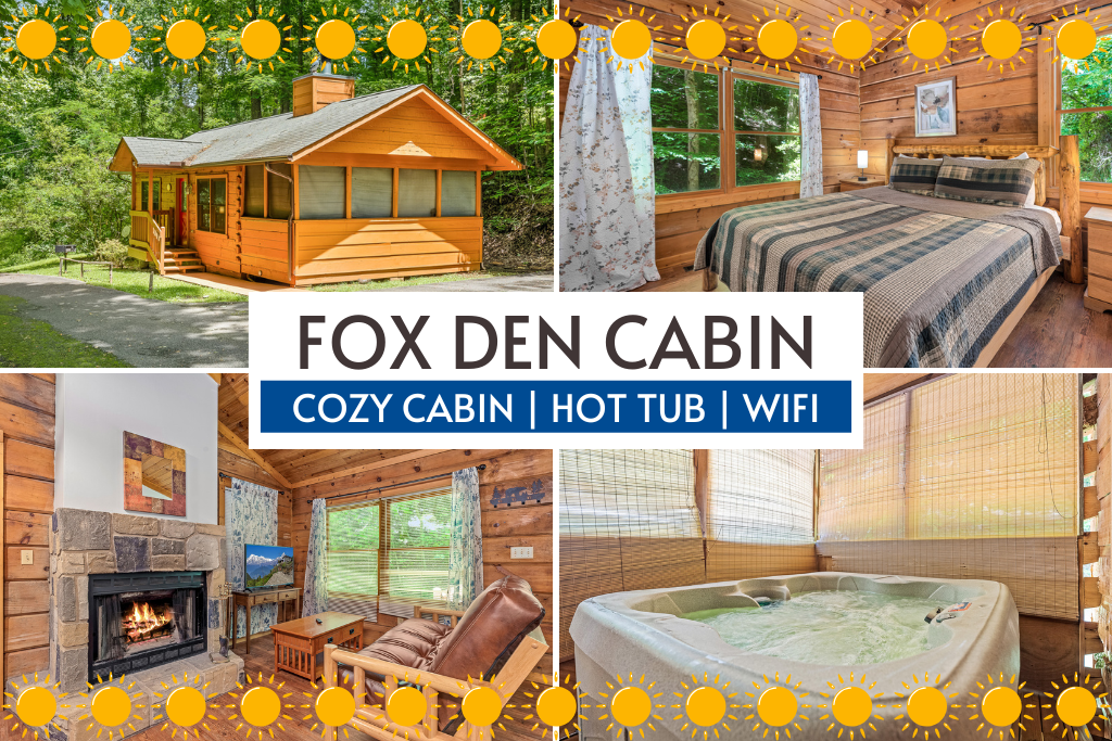 Stay cozy in Fox Den Cabin with WiFi, a hot tub, and charming wood interiors.