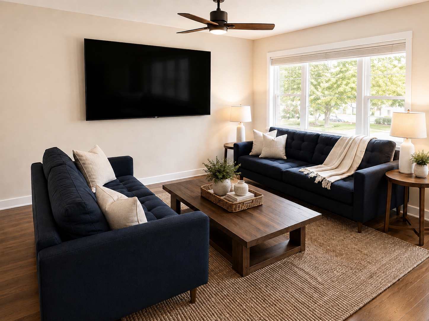 Bright living room with comfortable seating, large TV, and plenty of natural light