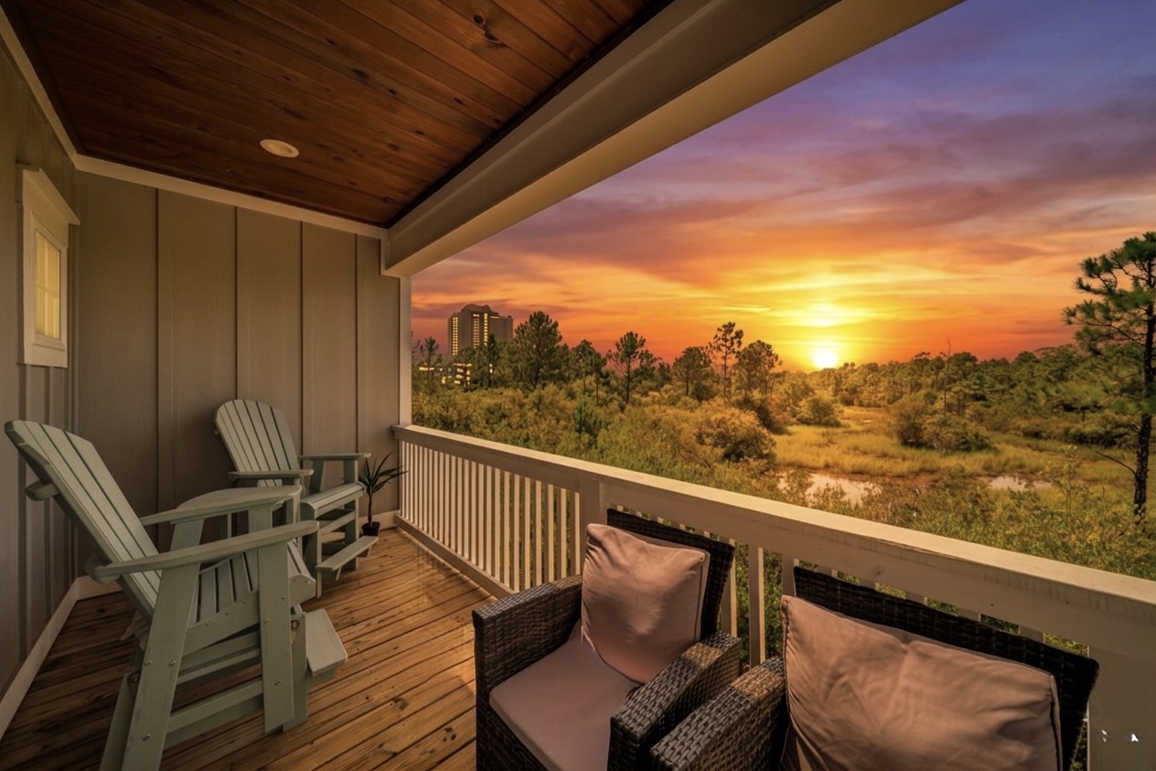 Relax on the tall Adirondack gliders with your favorite night-cap while the sun sets over the serene unobstructed wetland views.  The property joins the Gulf State Park area, so there are no houses directly behind this one.