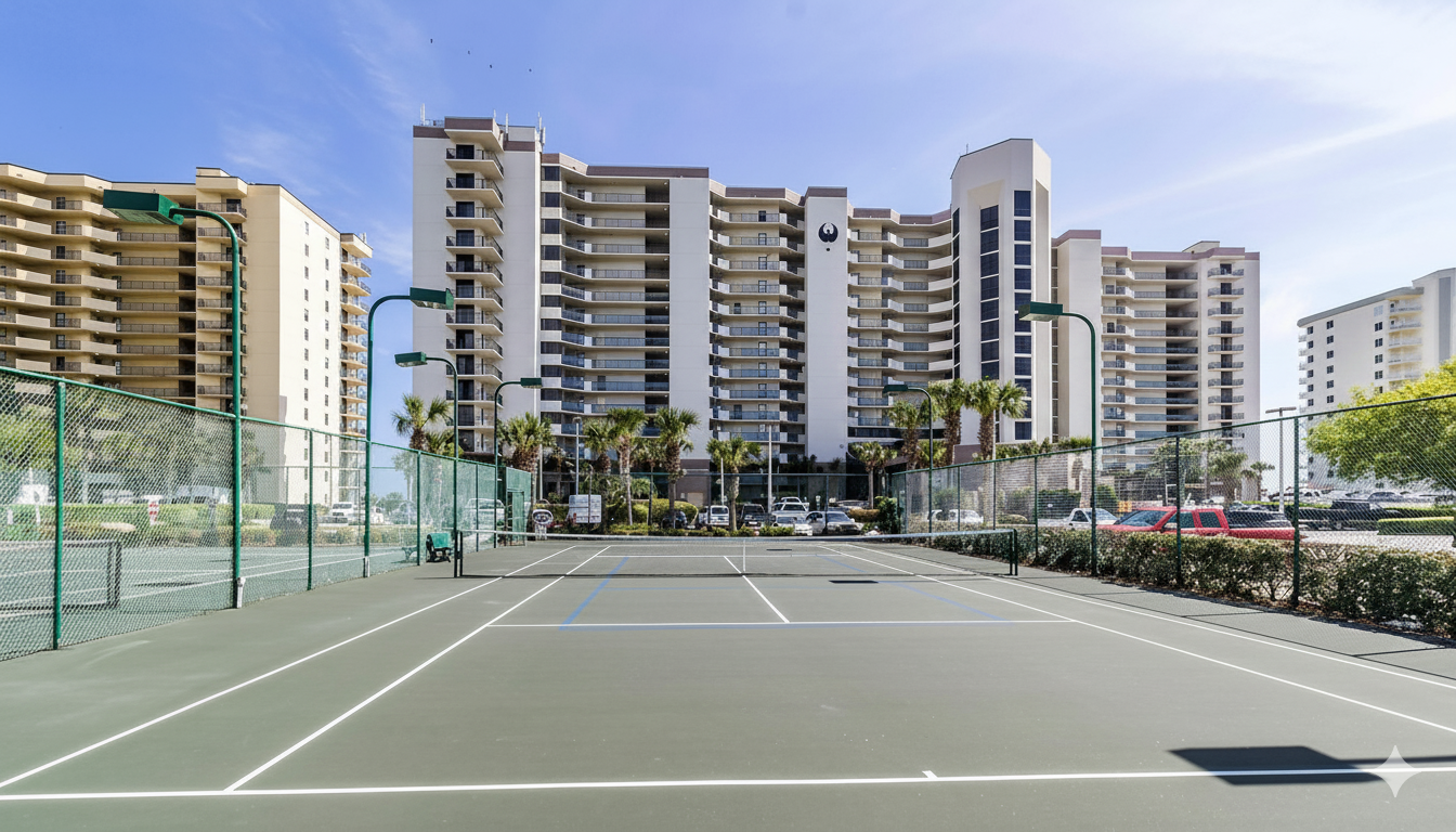 Ready for a rally? Our resort amenities extend beyond the beach and pools. Enjoy a complimentary game on our regulation-size tennis/pickleball court, conveniently located at the base of the to