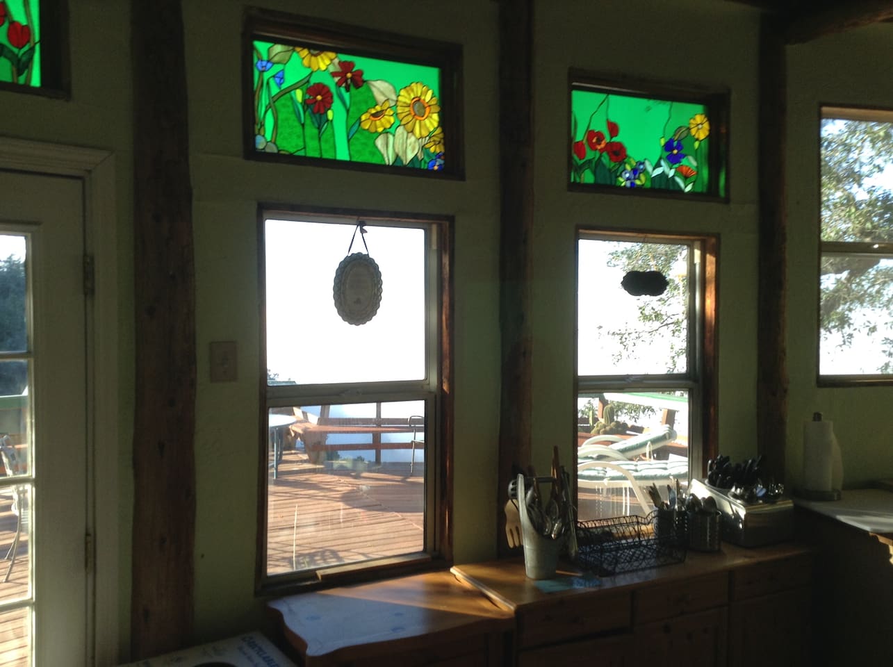 Stained glass windows line the top views