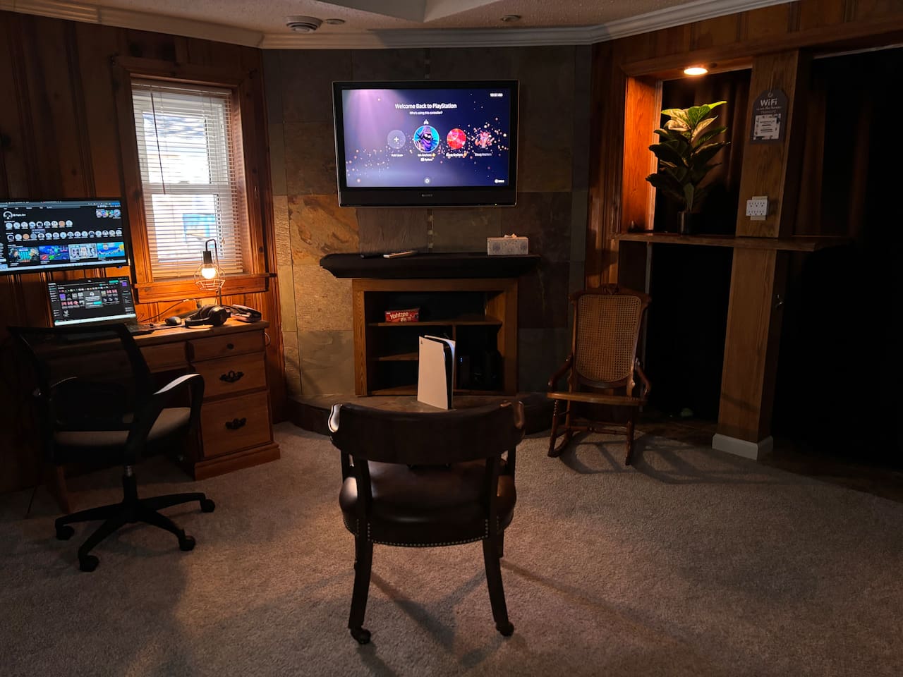 Living room doubles as a game/multi-media room with room darkening shades and room dividing curtain to add privacy both ways. Easy access HDMI cable and outlet for any game system (PS5 and PC not included, just for example). Takes all HDMI devices.