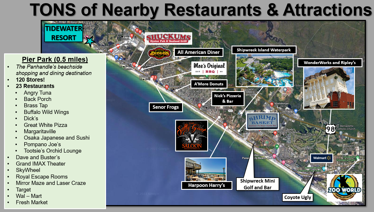 MANY restaurants within walking distance or a short drive away including all the dining, attractions, and fun of Pier Park - 0.6 miles away!