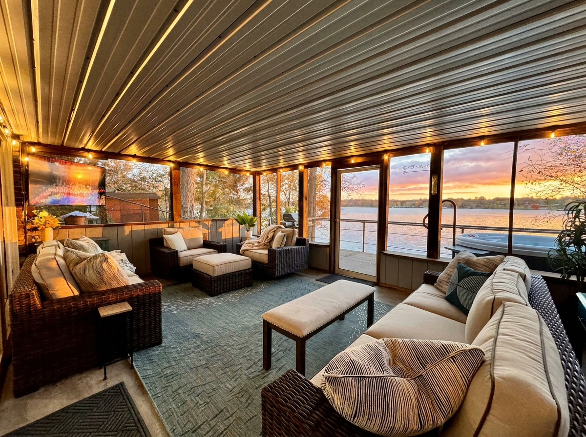 The Ridge screened porch is a favorite spot. Comfy furniture, beautiful lake views and a TV for taking in the game or just playing some background music.