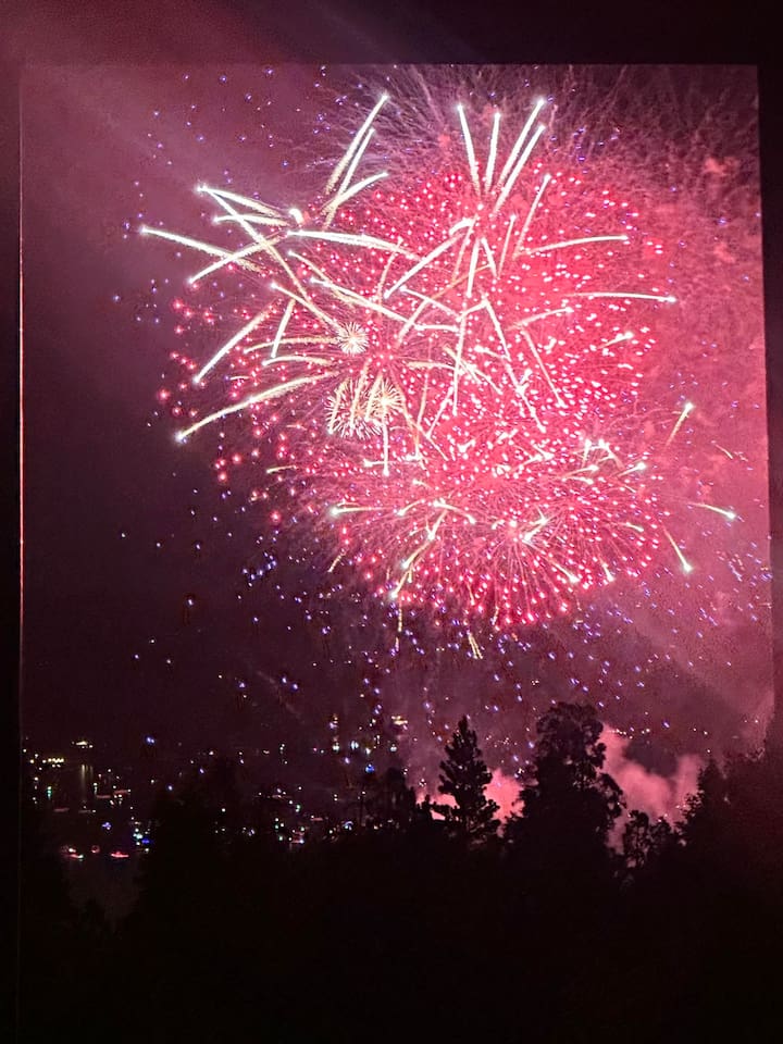 4th of July fireworks view from the living room sofa.  The fireworks show is launched from a barge in the middle of the lake, directly in front of our home.  It's an amazing view!