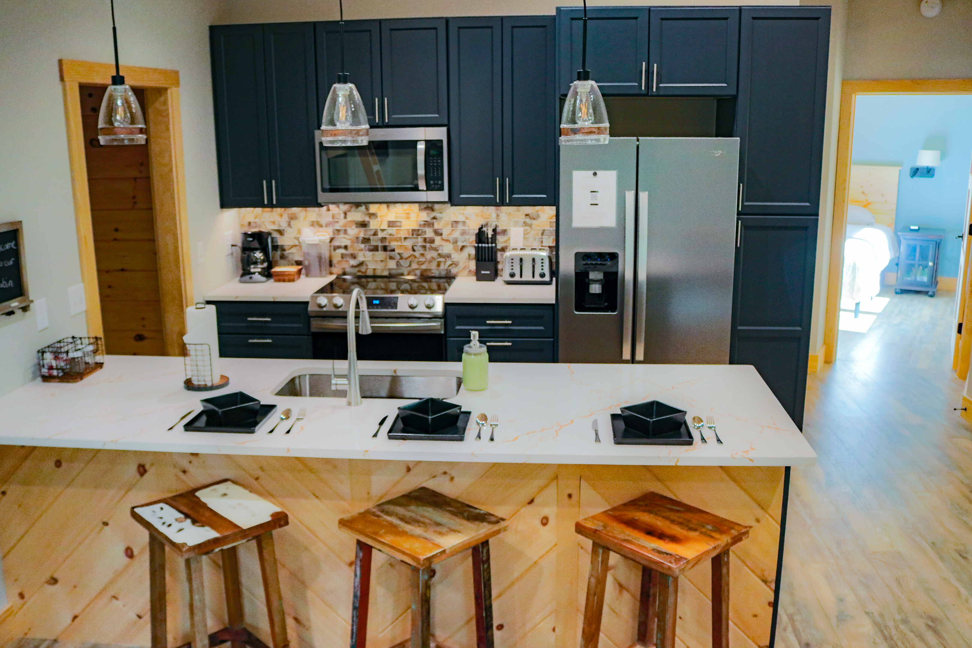 Fully functional and stocked kitchen perfect for cooking a meal in the evenings after a day of exploring the Bryson City and Cherokee area.