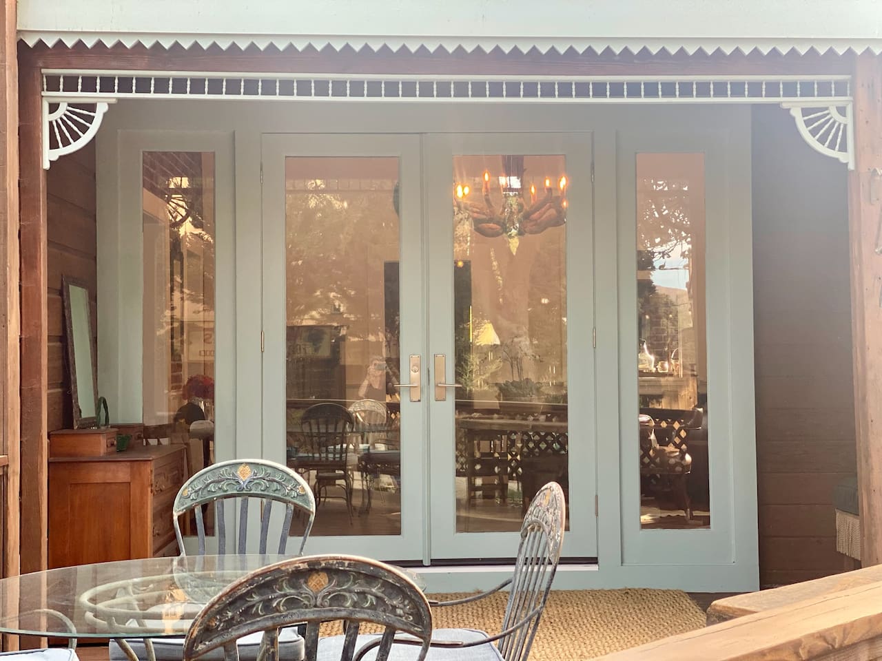 At Heritage House, even the thresholds have a past. Reclaimed from a Beverly Hills mansion, these glass doors now connect the dining room and covered party deck—giving beautiful old craftsmanship new life and gatherings an effortless indoor-outdoor flow.