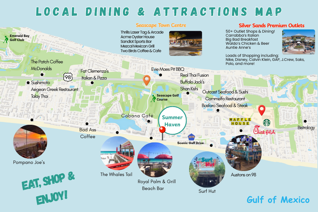 Tons of dining & activity options within walking distance or a short drive from Frangista Beach-Seascape Town Center, Royal Palm, Surf Hut, Whale's Tail, Cabana Cafe (open late!), and more!