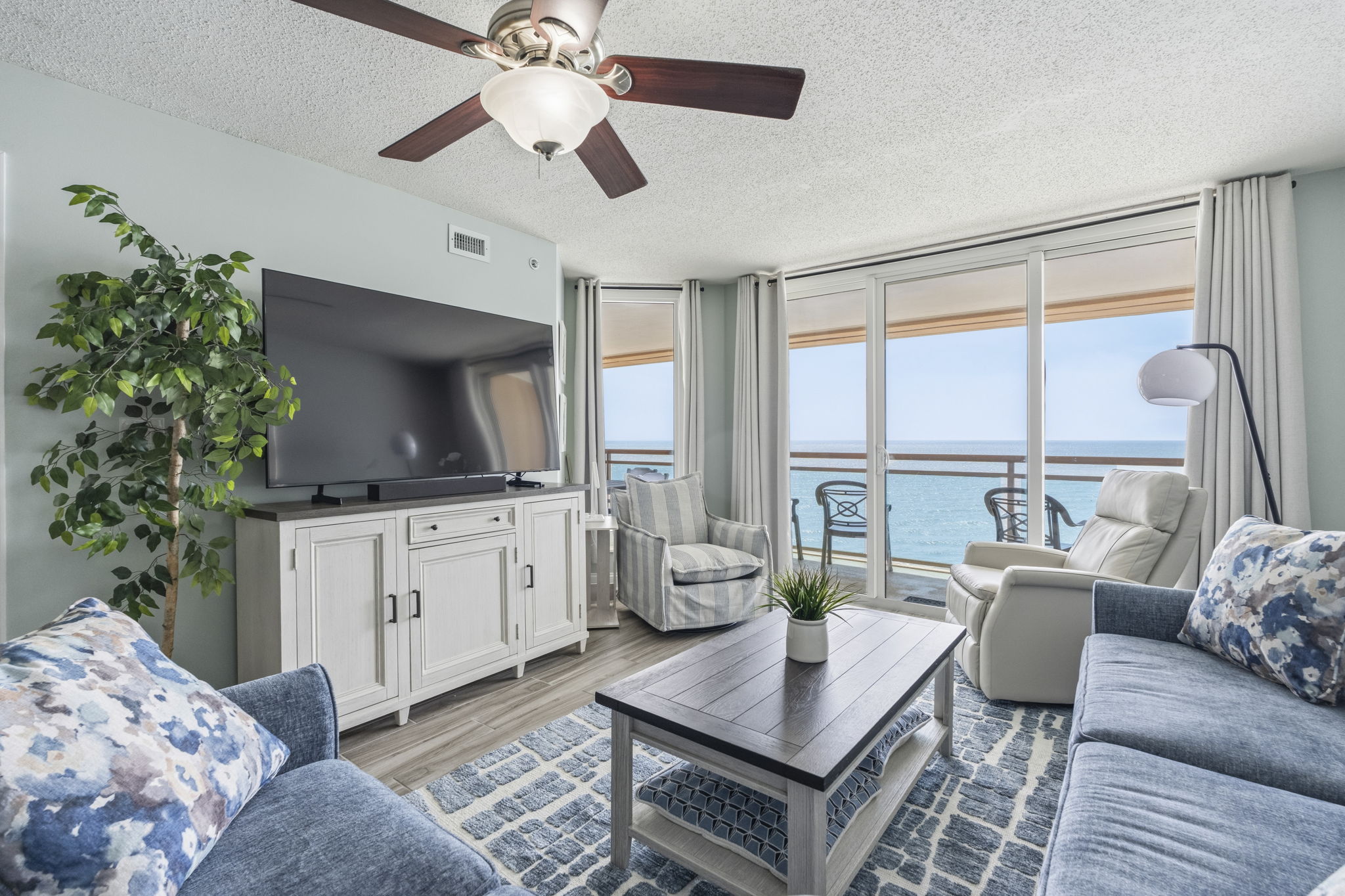 Gorgeous Living Room with beautiful oceanview, all new furniture, Samsung Smart TV and blackout curtains.  This is the Penthouse Suite with beautiful unencumbered views of the ocean.