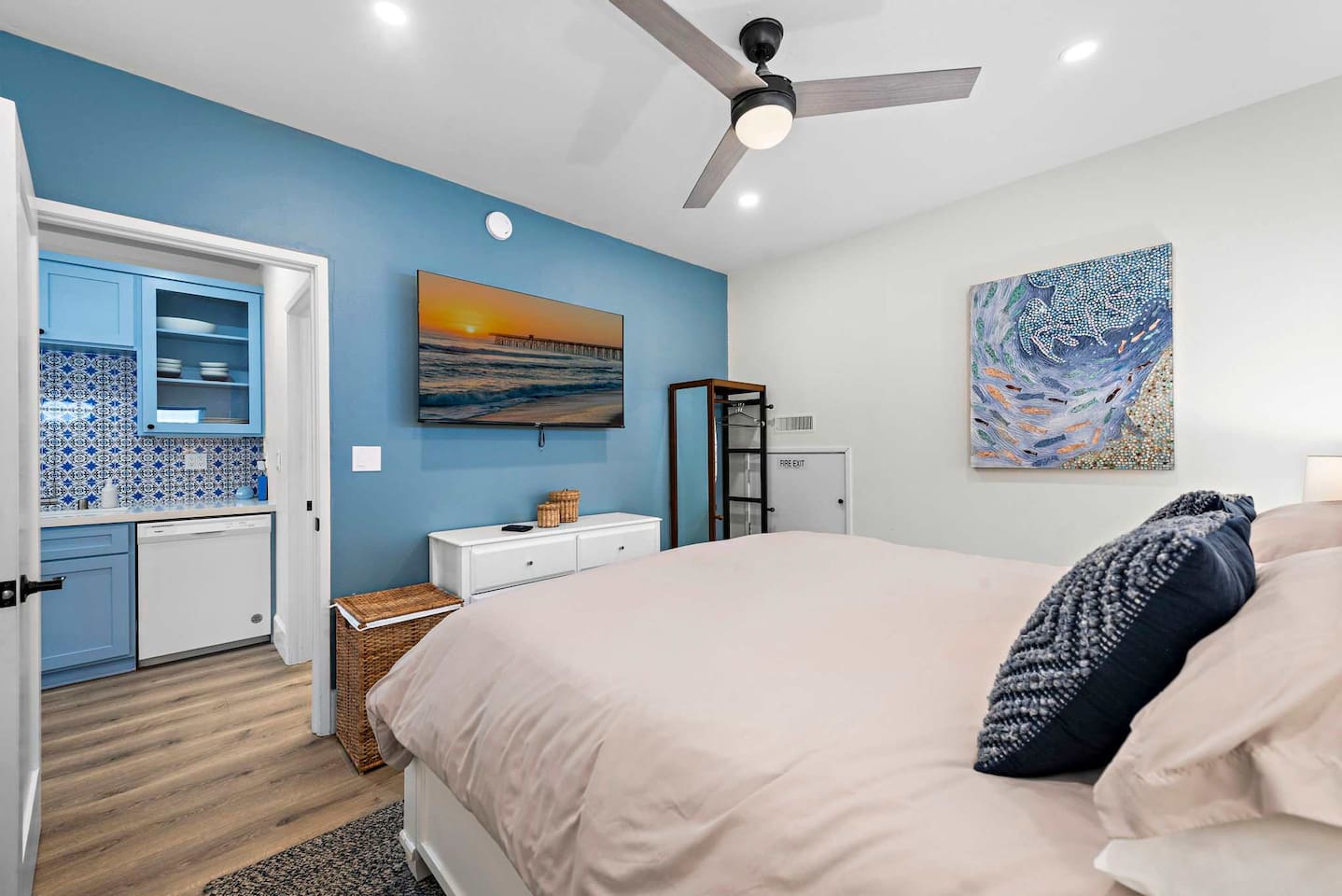 The master bedroom also has a 55" TV with multiple streaming services.