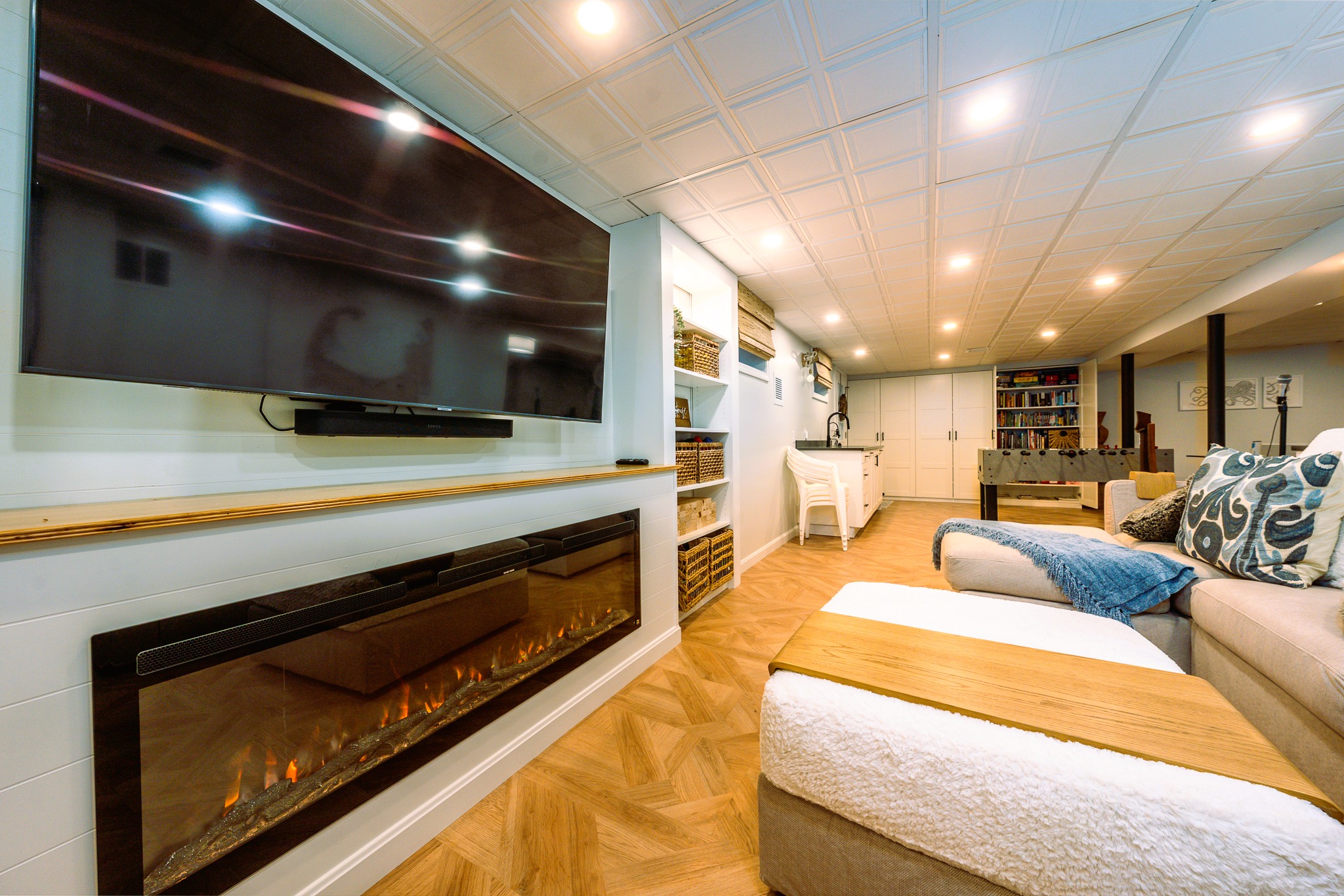 Lower Level Family Room, Electric Fireplace with Lights and Heatless Option (Use Anytime!)