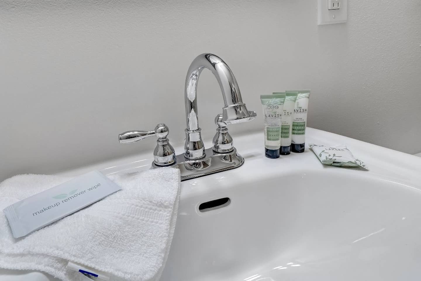 Shampoo, conditioner, lotion, and makeup remover provided