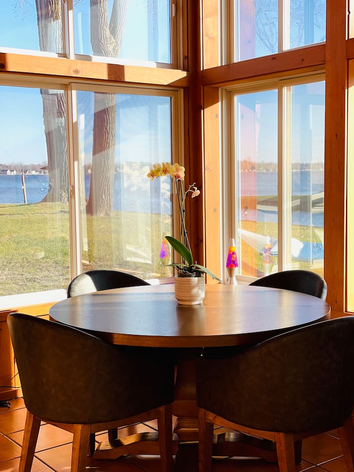 Lake views from the living room windows.