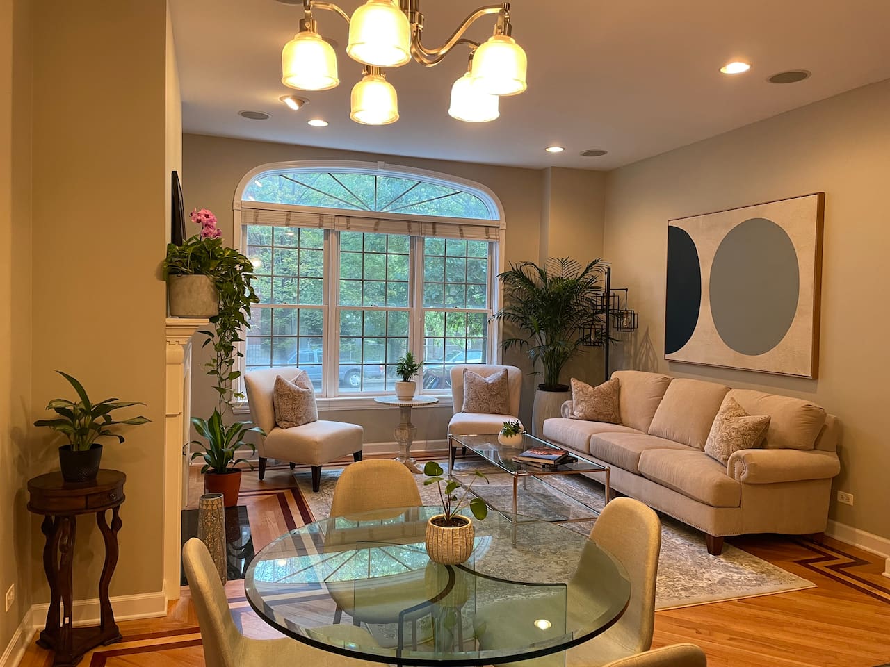 Spacious living room designed for group gathering.