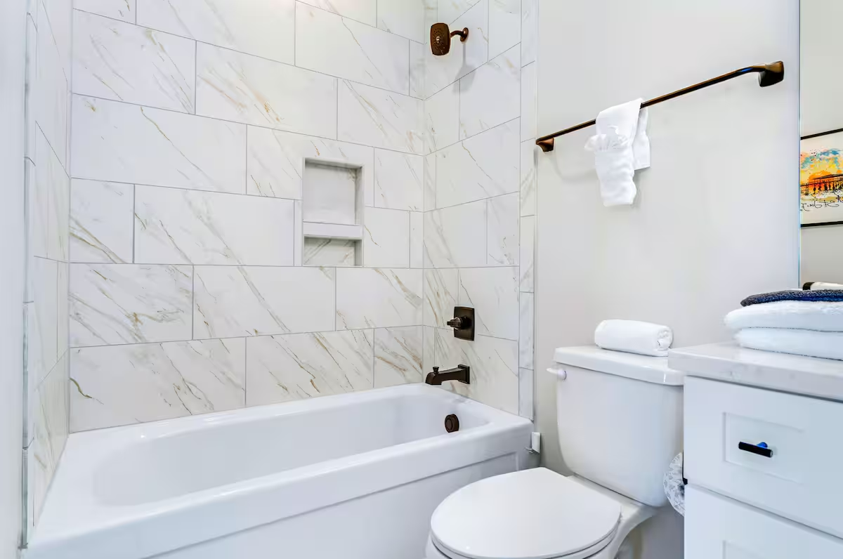 Attached bath, shower/tub combo