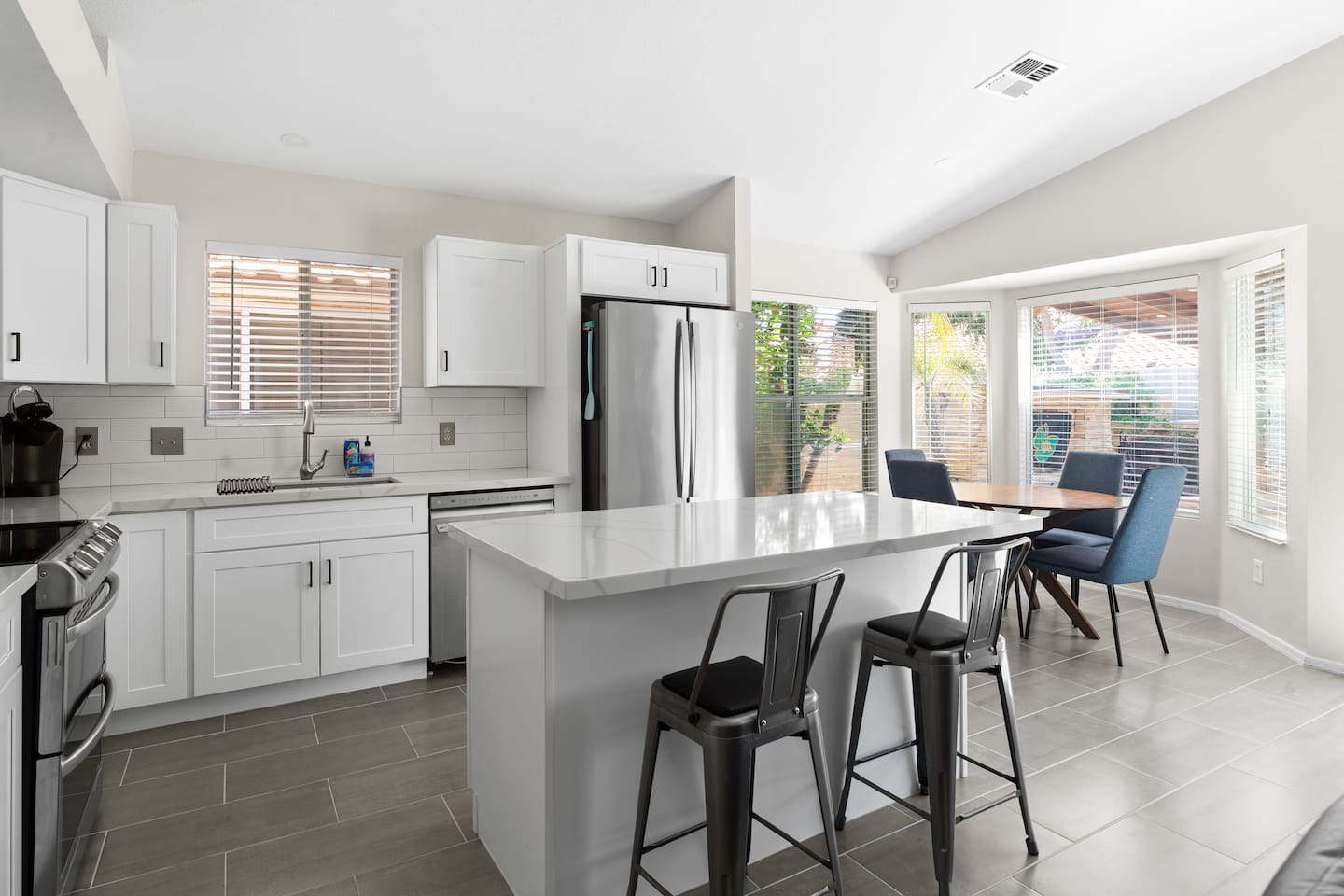 Our kitchen has been remodeled with nice appliances and everything you need to enjoy home cooked meals together.