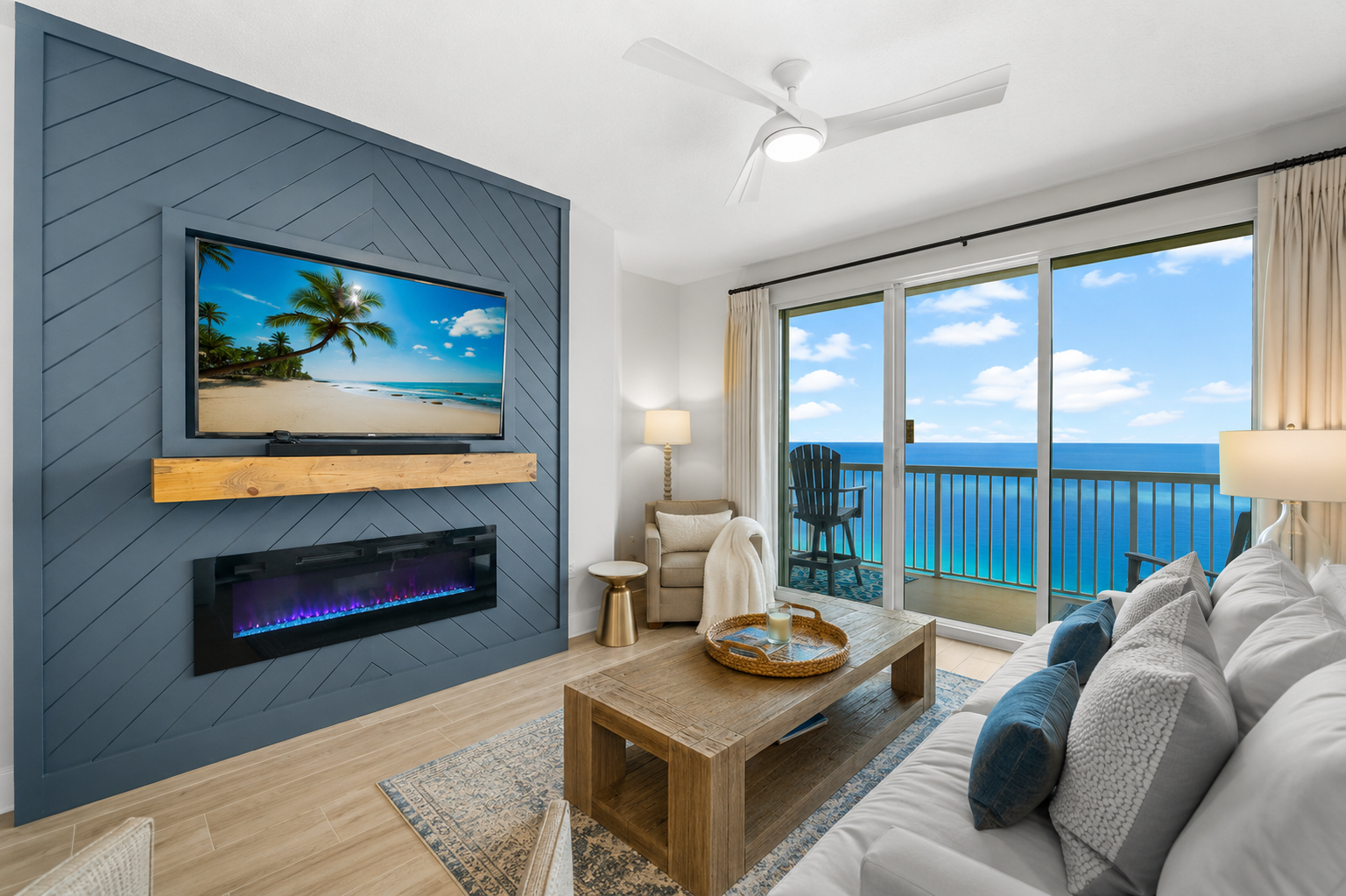Color changing Fireplace.  TV has Directv, YoutuColor changing Fireplace.  TV has Directv, Youtube TV and more includedbe TV and more included