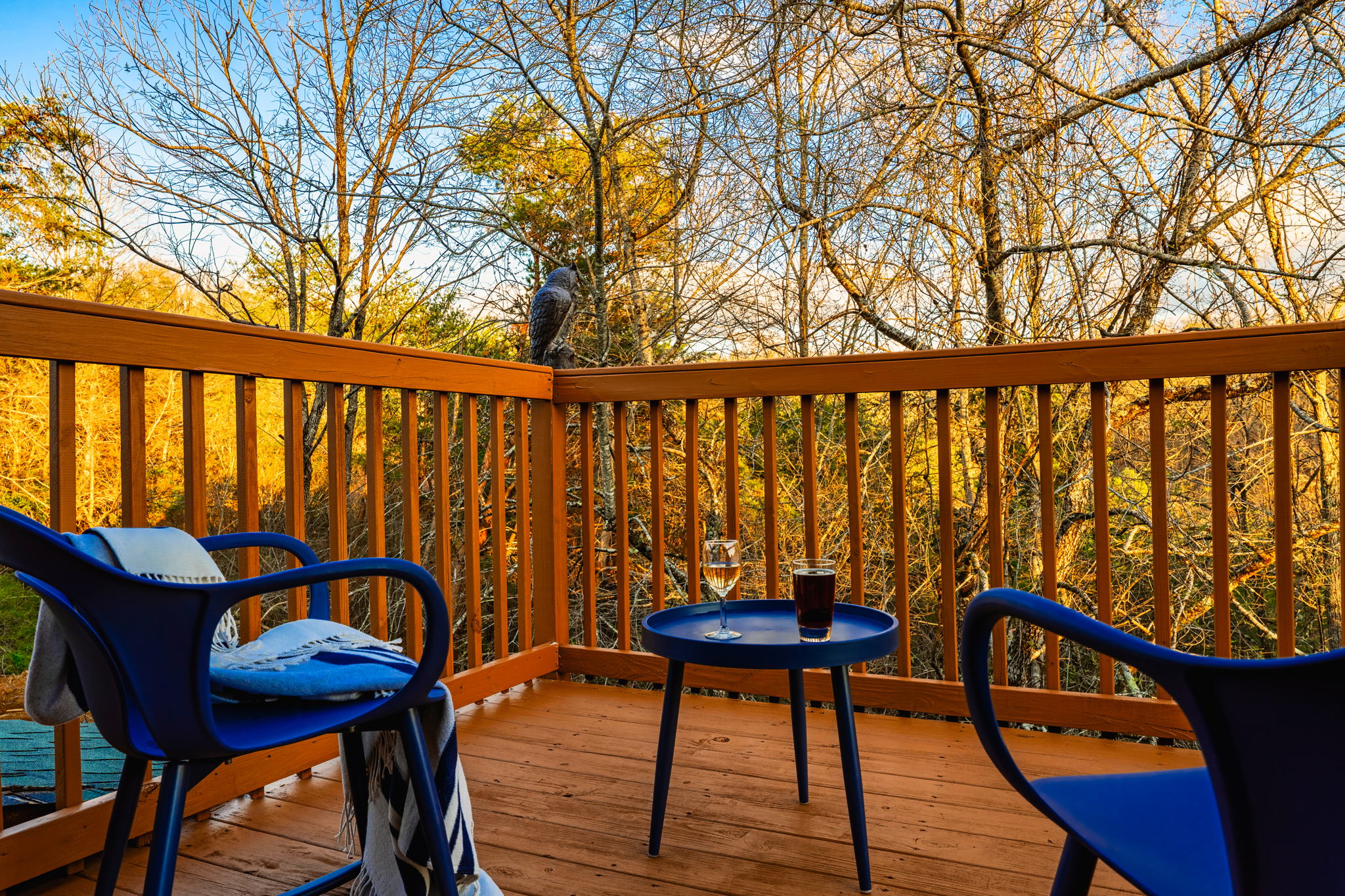 Marvel at the quiet and relaxing scenery of the forest from the back deck, sipping a warm beverage of your choice.