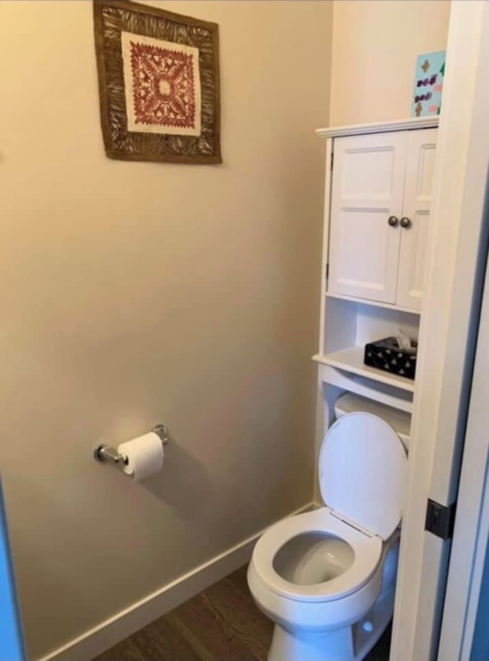 Private water closet with storage cabinet and clean, modern finish