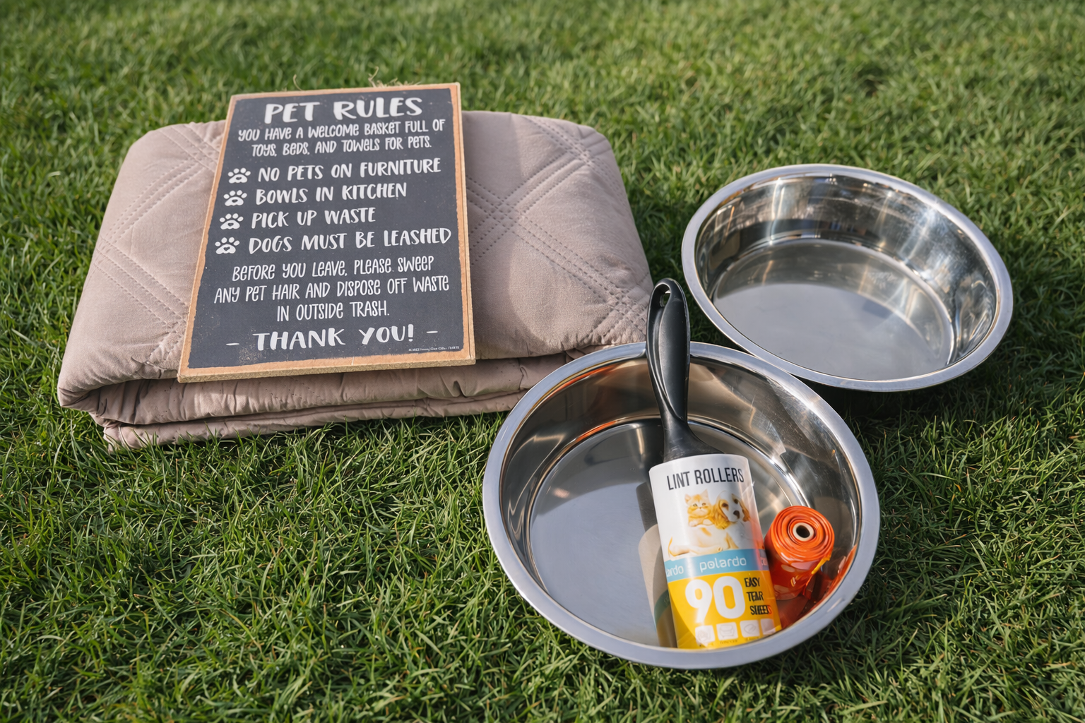 {Pet Welcome Kit} Dogs are part of the adventure too—bowls, towels, treats, and thoughtful Everwild touches are ready for your stay.