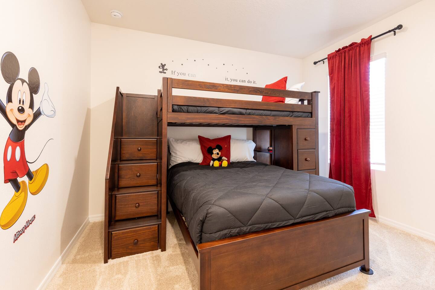 Upstairs Disney Themed  Boy's Room with Twin Bunk Bed,  and Lower Double Bed. Luggage rack & laundry basket in closet.