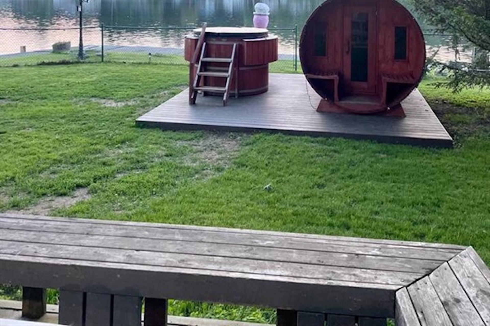 Outdoor hot tub area viewed from the deck