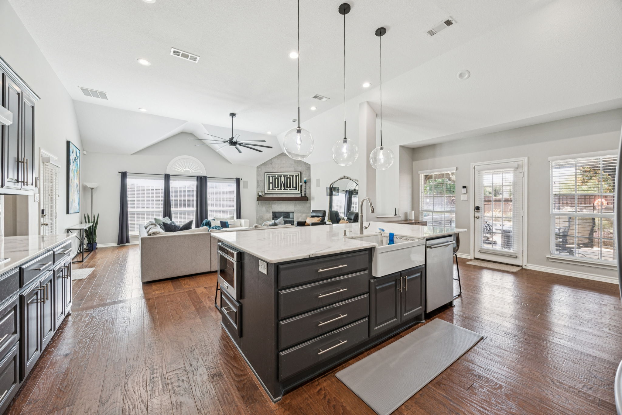 Chef’s kitchen with oversized island seating for six.  