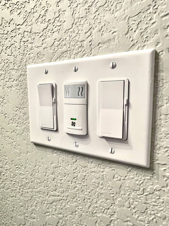 Each room has dimmable lights and controllable ceiling fan switches.