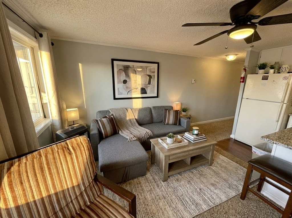 Living room with queen size sofa pull out bed which sleeps 2 people