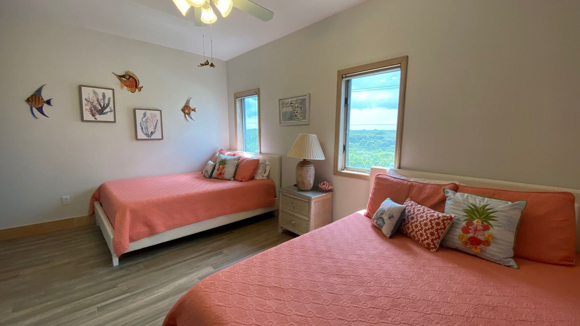 Two queen beds in guestroom overlooking Guana State Park
