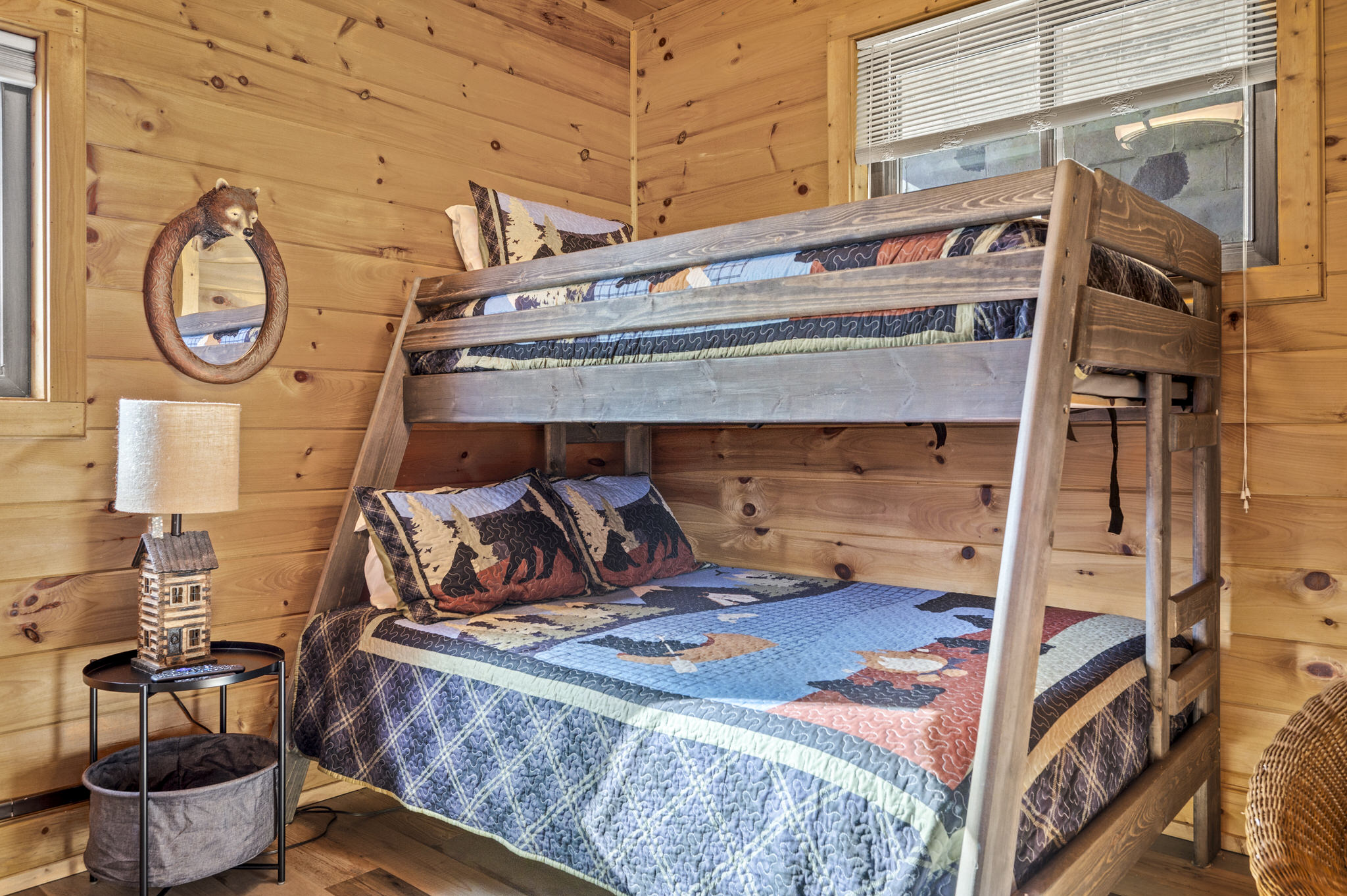 Please note, this room has been updated and now features one large Smart TV and twin/queen lengthwise bunk bed, pictures not yet updated.   The queen bed now has better access for both guests on each side along with better head clearance.