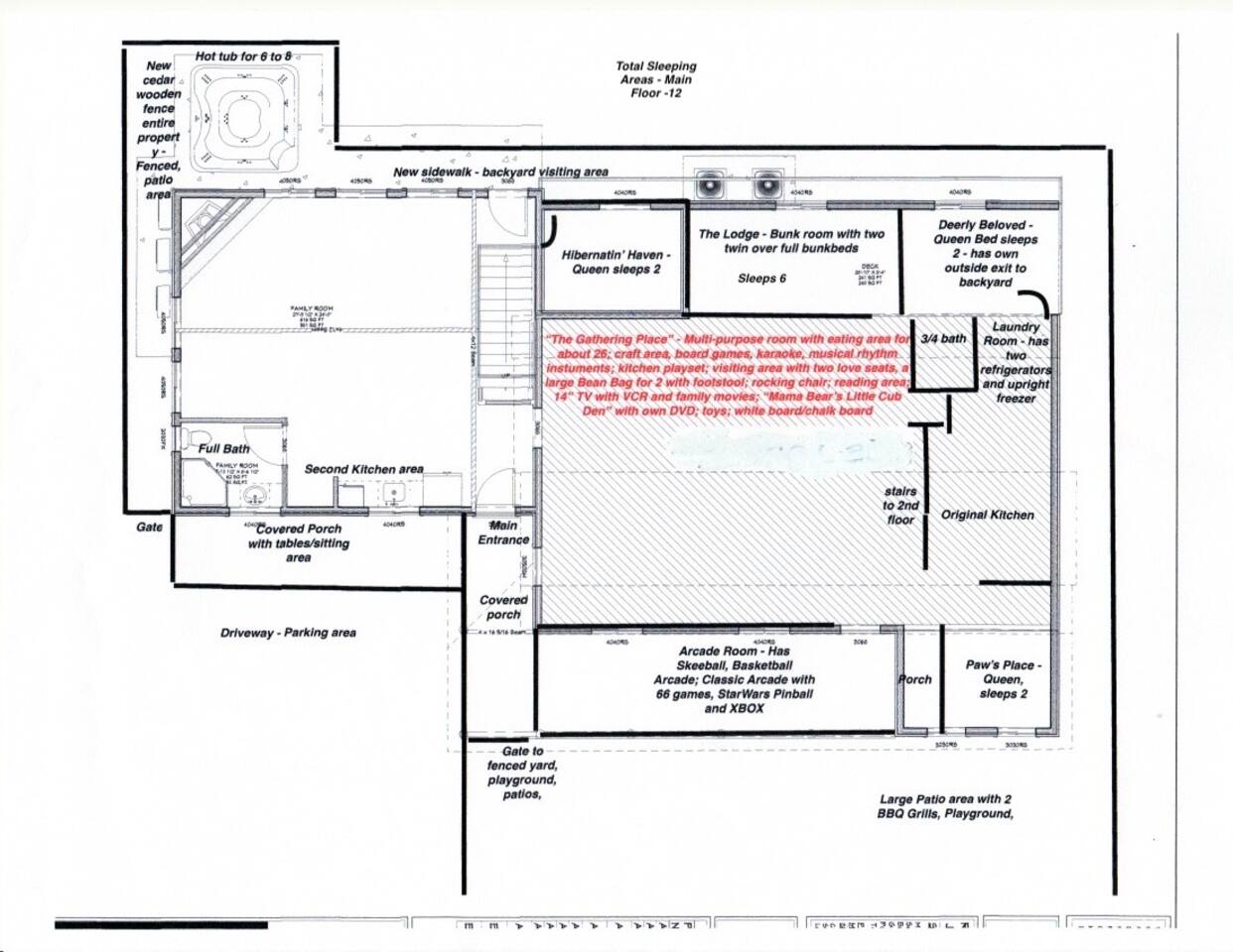 Main floor has 4 bedrooms.  "Deerly Beloved" and "Paw's Place" will be switching each other.  The Laundry area next to Deerly Beloved will become a full, private bathroom for "Paw's Place."  There will  be 4 frigs, 3 laundry areas, 3 food prep areas.