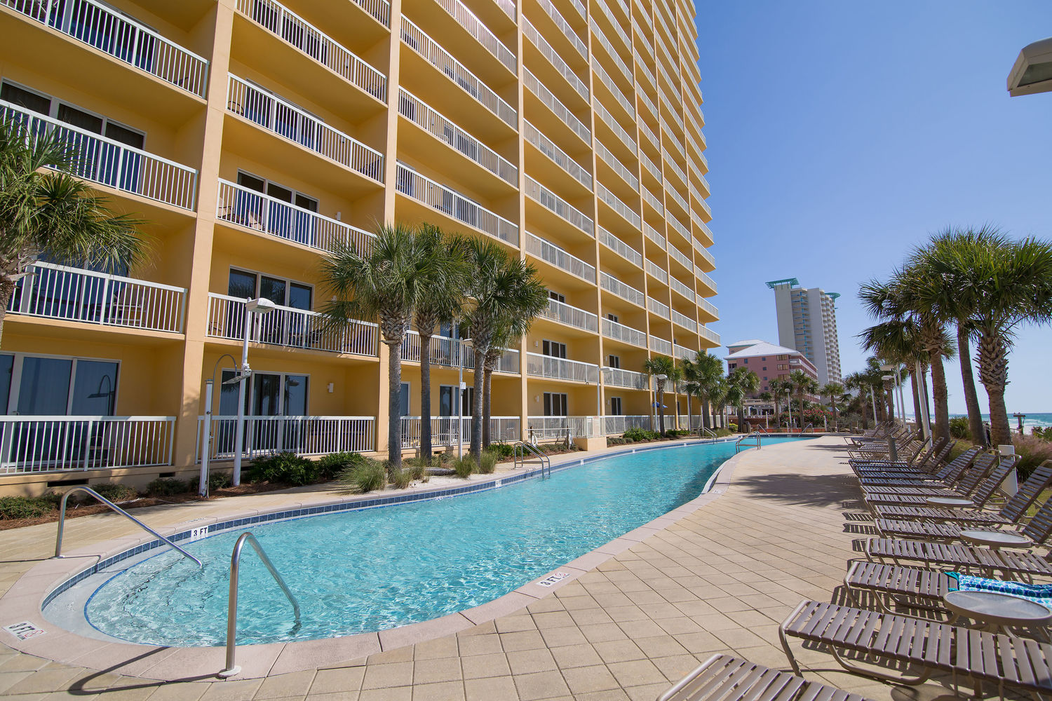 View of the East beachside pool towards the tower from the Tiki Bar area