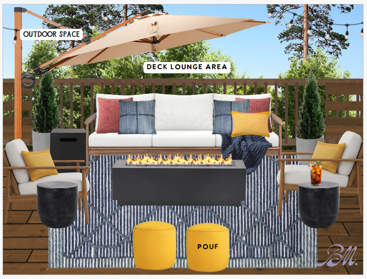 Spacious deck lounging area w/ cushioned seating for laid-back outdoor moments.
