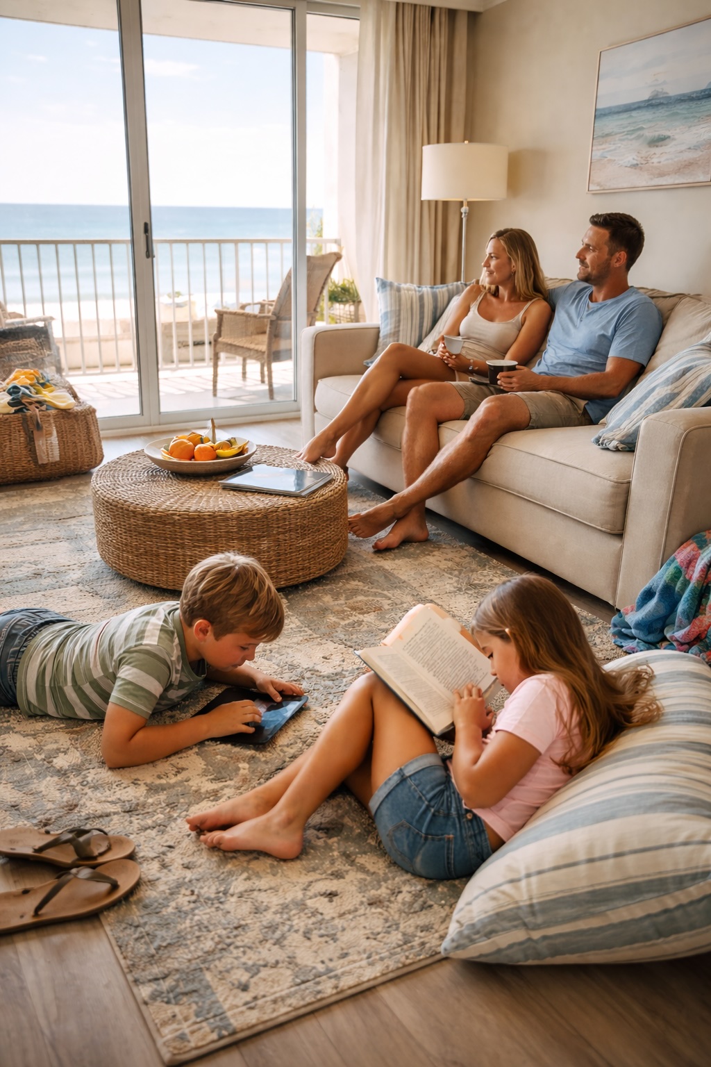 Family relaxing in oceanfront Myrtle Beach condo with balcony and ocean view