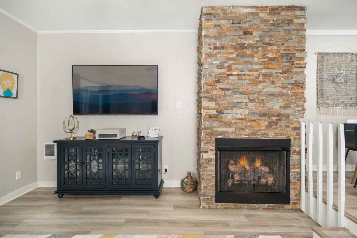 Unit 1: Gas fireplace and Roku TV (Includes Hulu+, ESPN+, & Disney+)