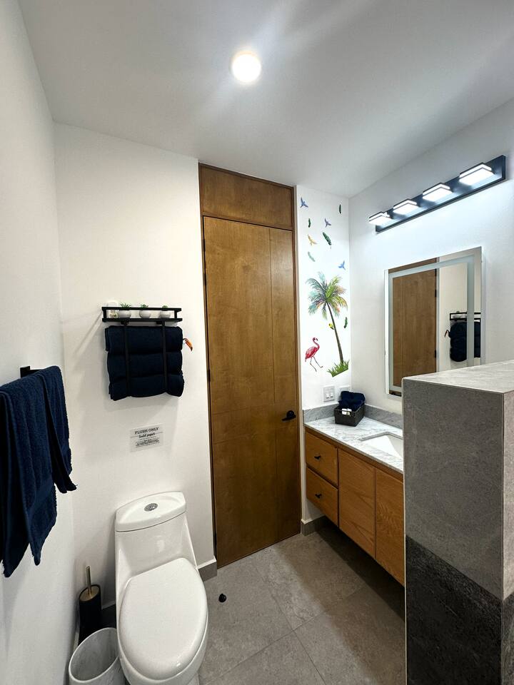 Discover the stylish guest bathroom in Cabo, a rainfall shower, and a sleek LED-lit mirror with anti-fog design. Perfect for a rejuvenating cleanse, this cozy retreat enhances your Mexico vacation.