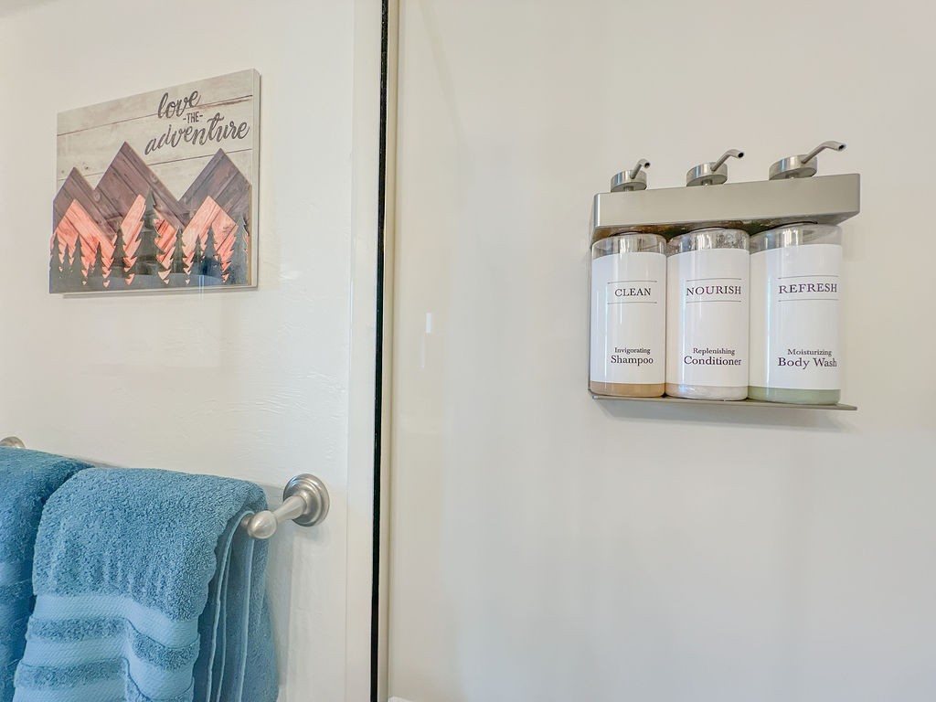All 3 showers are stocked with shampoo, conditioner, and body wash.
