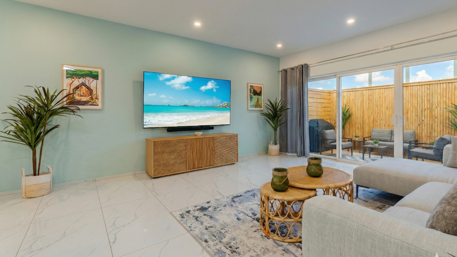 Bright, Stylish Living Room with Large Smart TV & Plush Sectional Sofa