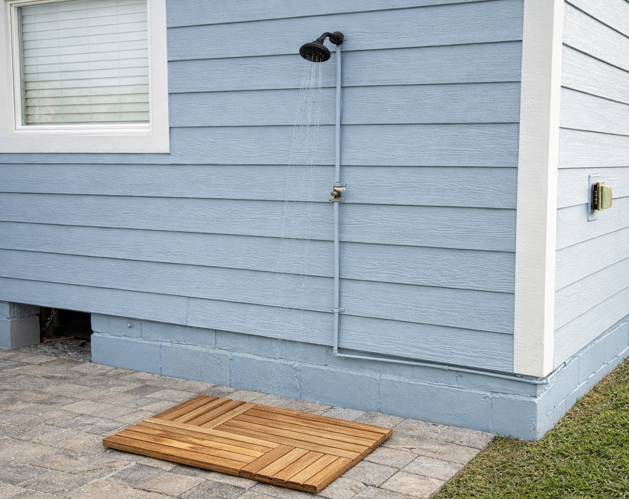 Outdoor rinse station after beach days.