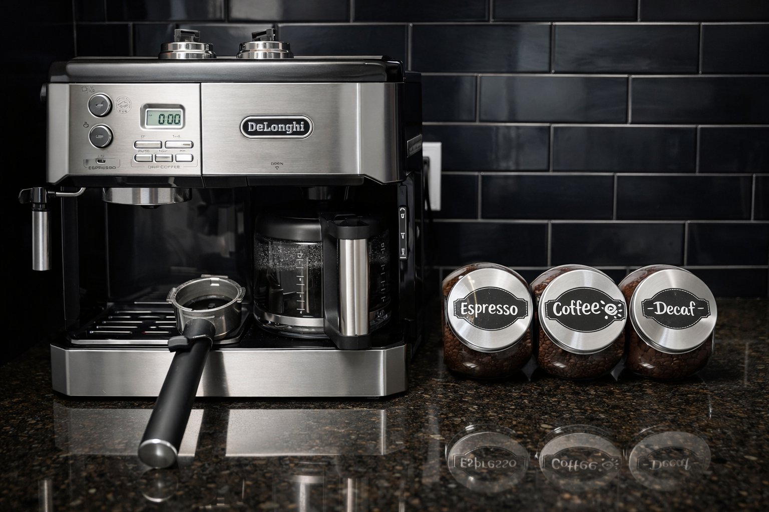 Premium coffee station featuring a De’Longhi espresso machine