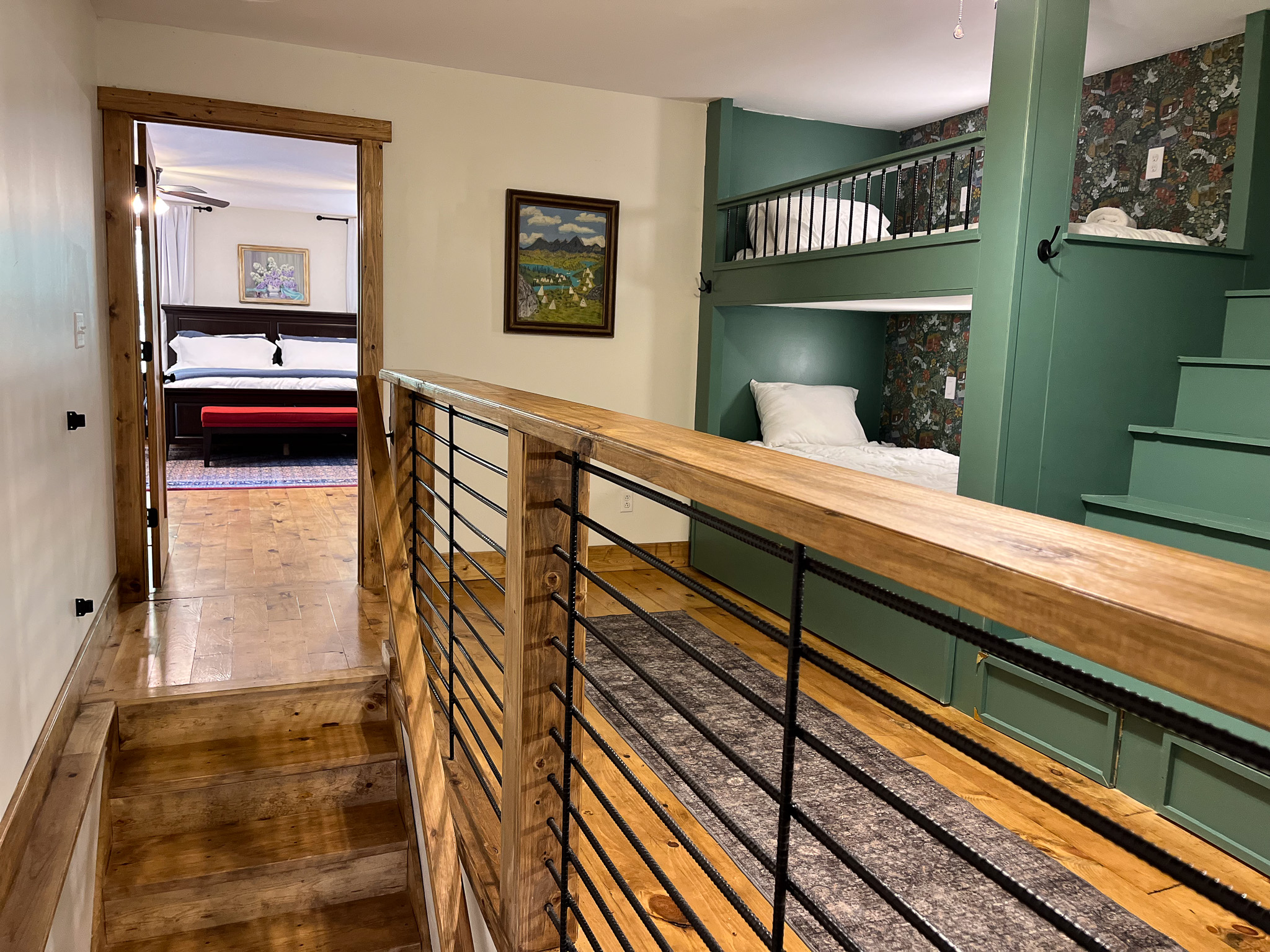 4th bedroom loft has cozy bunks with separate reading lights and wall outlets