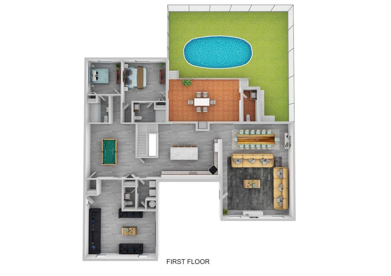 First Floor Plan: 1 King Bedroom, 1 Queen Bedroom, Living Room, Kitchen, Billiards Room, and Theater Room.