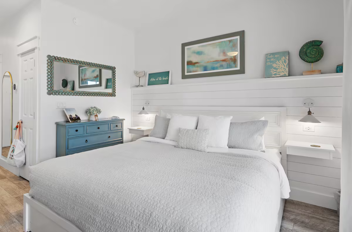 Unwind in comfort on this new king-size and cozy bed with new, plush pillows. Enjoy your beach vacation in style.