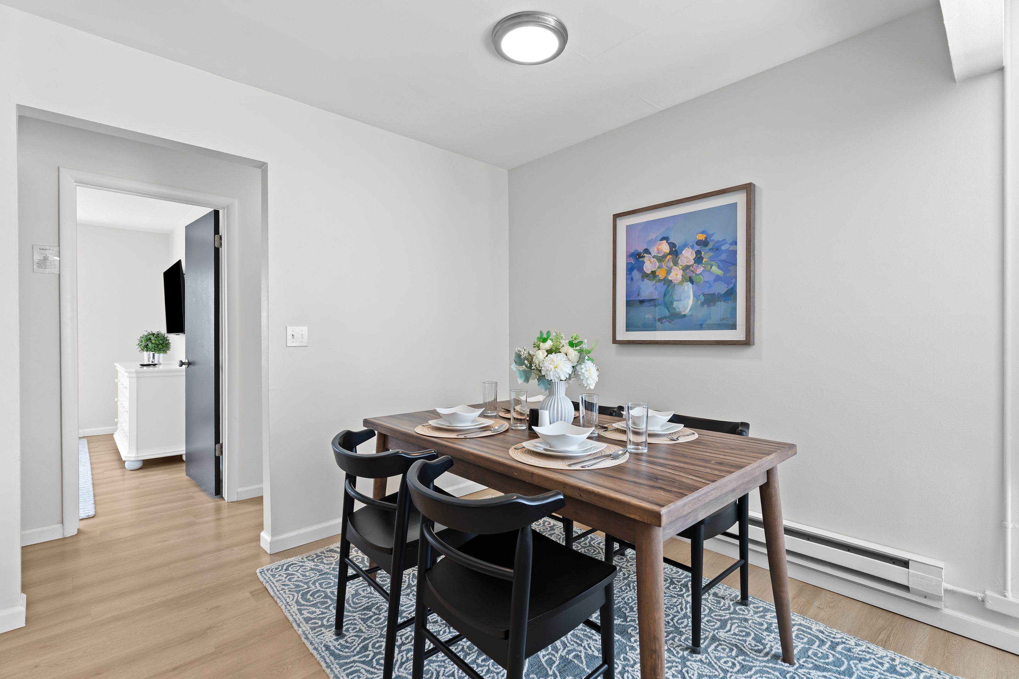 Roomy dining space for group meals or family gatherings.