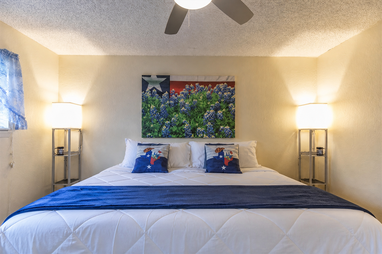 With an extender we provide, the 2 twins in this room can become 1 King. Let us know if you need us to set that up prior to your arrival. All mattresses are fully encased, pre-treated & all linens (including comforters) are washed before EACH new guest.  