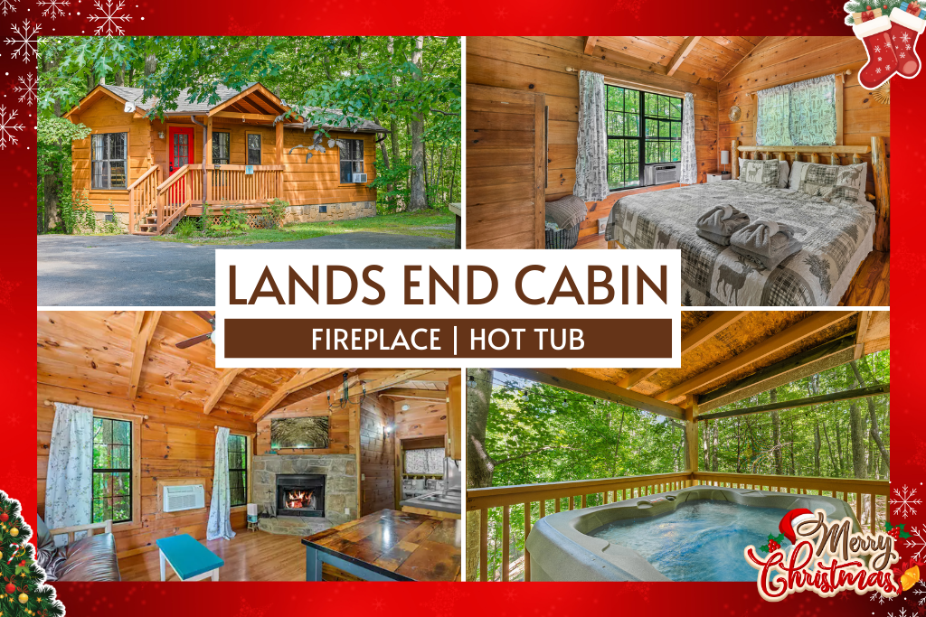 Lands End Cabin is a private log retreat with hot tub, fireplace, and peaceful forest views.